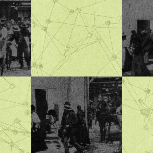 People in early 20th-century attire gather outside a building, as an intriguing green geometric pattern overlays the scene. This blend of classic and modern elements evokes the innovative spirit of AI art.