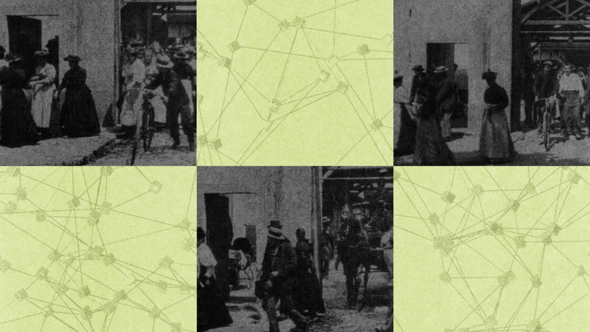 People in early 20th-century attire gather outside a building, as an intriguing green geometric pattern overlays the scene. This blend of classic and modern elements evokes the innovative spirit of AI art.