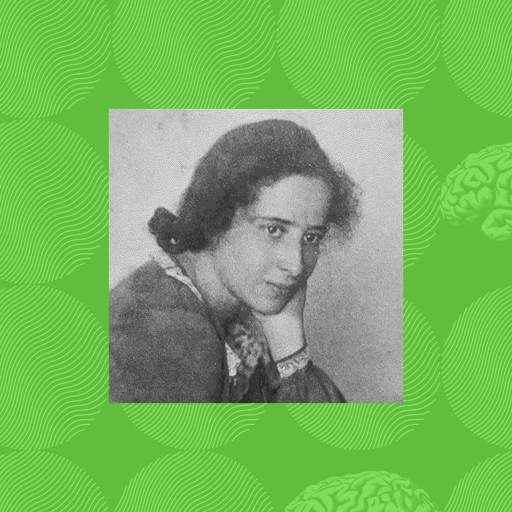 Black and white photo of a young woman resting her chin on her hand, set against a green background with circular and brain patterns.