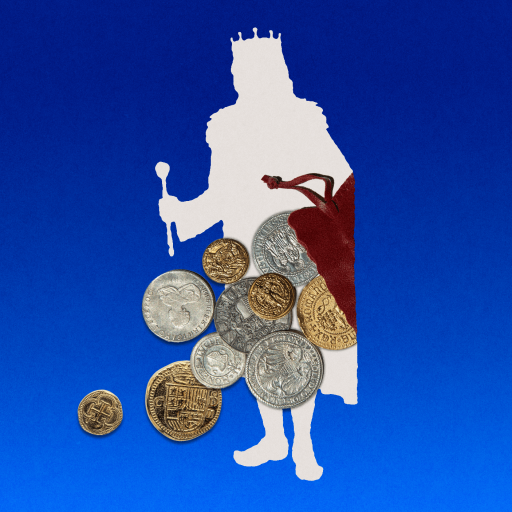 A silhouette of a crowned figure holding a scepter and a red bag, with various coins spilling out against a blue background.