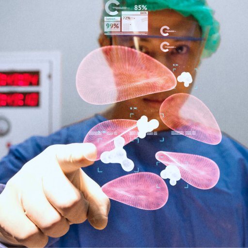 In a futuristic setting, a medical professional in scrubs interacts with a holographic heart and data display, showcasing their understanding of AI to enhance patient care.