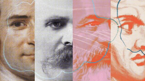 Split-panel collage of illustrations with partial faces of four historical figures, featuring diverse expressions and art styles, separated by colored lines. Each face reveals a hint of misunderstood philosophy, inviting viewers to ponder the unseen depths behind their enigmatic gazes.