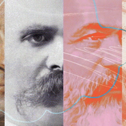 Split-panel collage of illustrations with partial faces of four historical figures, featuring diverse expressions and art styles, separated by colored lines. Each face reveals a hint of misunderstood philosophy, inviting viewers to ponder the unseen depths behind their enigmatic gazes.