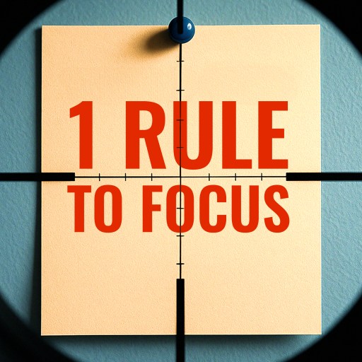 A note pinned to a wall with the words "1 Rule to Focus" in red, viewed through the crosshairs of a scope or lens.
