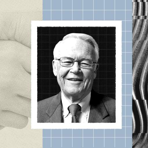 Black and white portrait of David Aaker, an older man in a suit and glasses, centered between artistic backgrounds of a handshake, grid, and abstract curved lines.