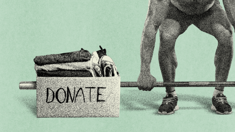 A person lifts a barbell next to a box labeled "DONATE," filled with folded clothes and shoes, highlighting fitness and charity against a light green background.