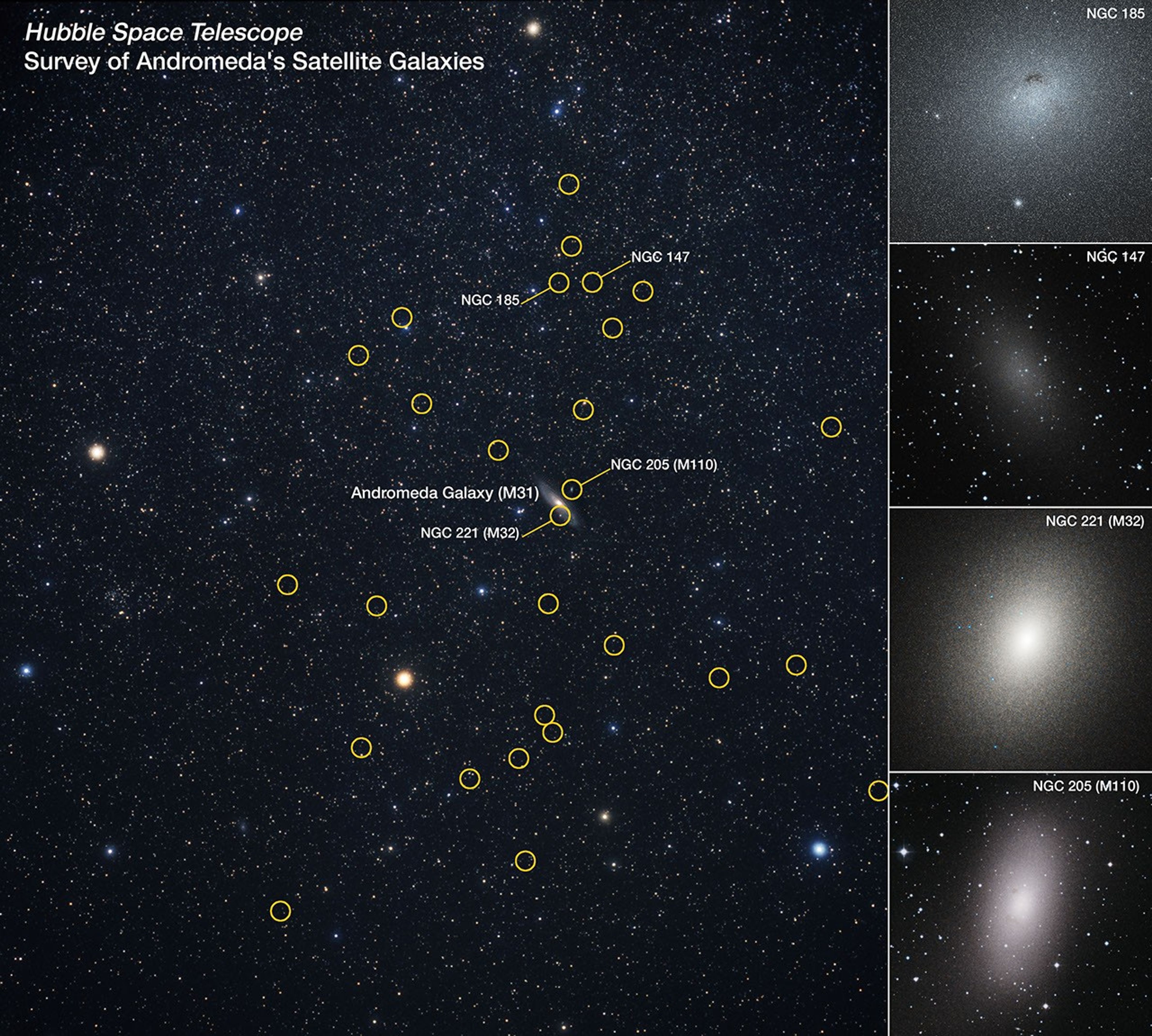 Star field image showing the Andromeda Galaxy and its satellite galaxies, including the smallest galaxy ever found by astronomers, marked with yellow circles; insets on the right display close-ups of select galaxies.