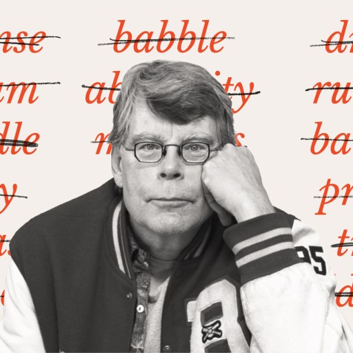 A man sits with his head resting on his hand, surrounded by crossed-out words like "nonsense," "babble," and "rubbish" in red text.