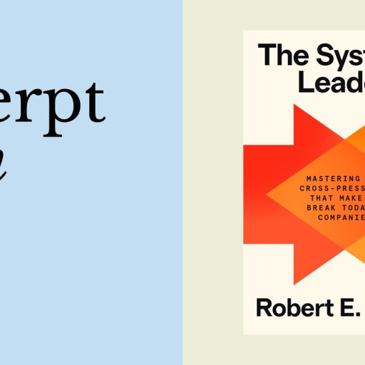 Book cover of "The Systems Leader" by Robert E. Siegel, featuring geometric orange shapes, next to text that reads "an excerpt from" on a blue background—highlighting concepts of systems leadership.