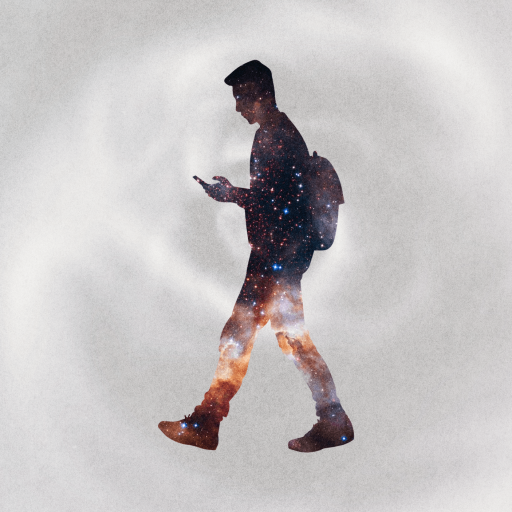 Silhouette of a person with a backpack looking at a phone or book, filled with a galaxy pattern, on a light, swirling background.