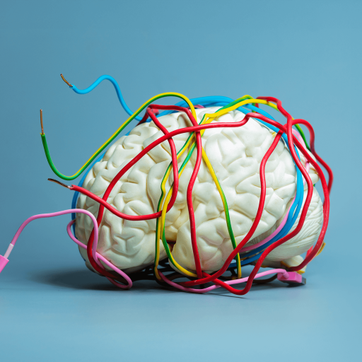 A white brain model is wrapped in colorful electrical cables, set against a plain blue background.
