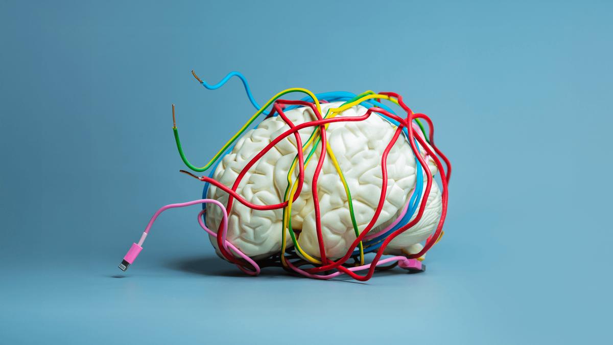 A white brain model is wrapped in colorful electrical cables, set against a plain blue background.