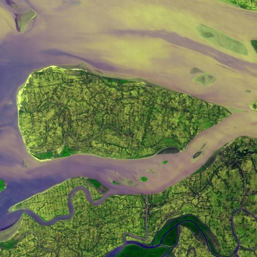 Aerial view of winding rivers and wetlands showcases lush green vegetation and tan sediment-laden water converging with a larger body of water.