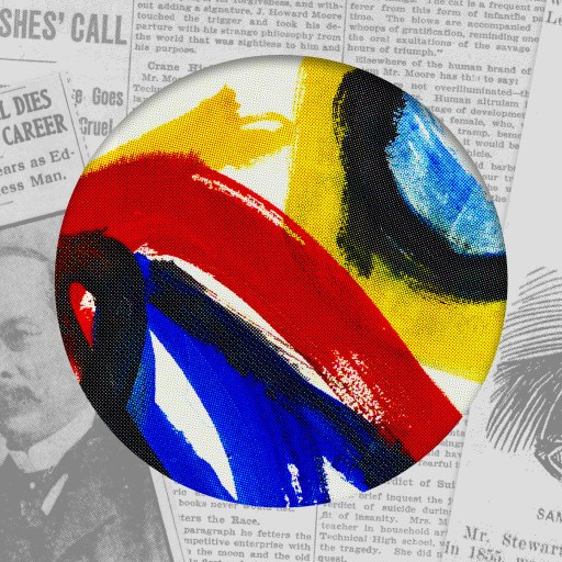 A colorful abstract painting is centered over a black-and-white collage of old newspaper clippings featuring portraits and articles.