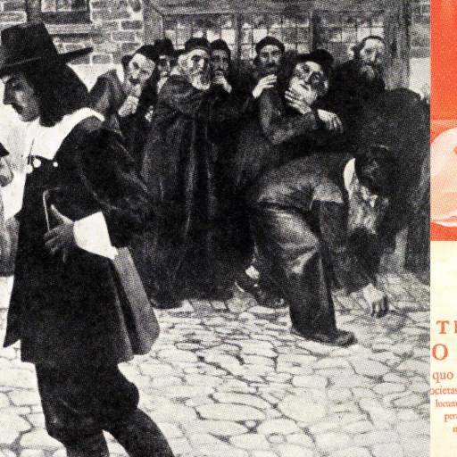 A man in seventeenth-century attire walks away as a group of people gesture behind him; a book title page, possibly referencing Spinoza, is visible on the right side.