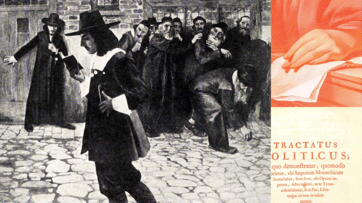 A man in seventeenth-century attire walks away as a group of people gesture behind him; a book title page, possibly referencing Spinoza, is visible on the right side.