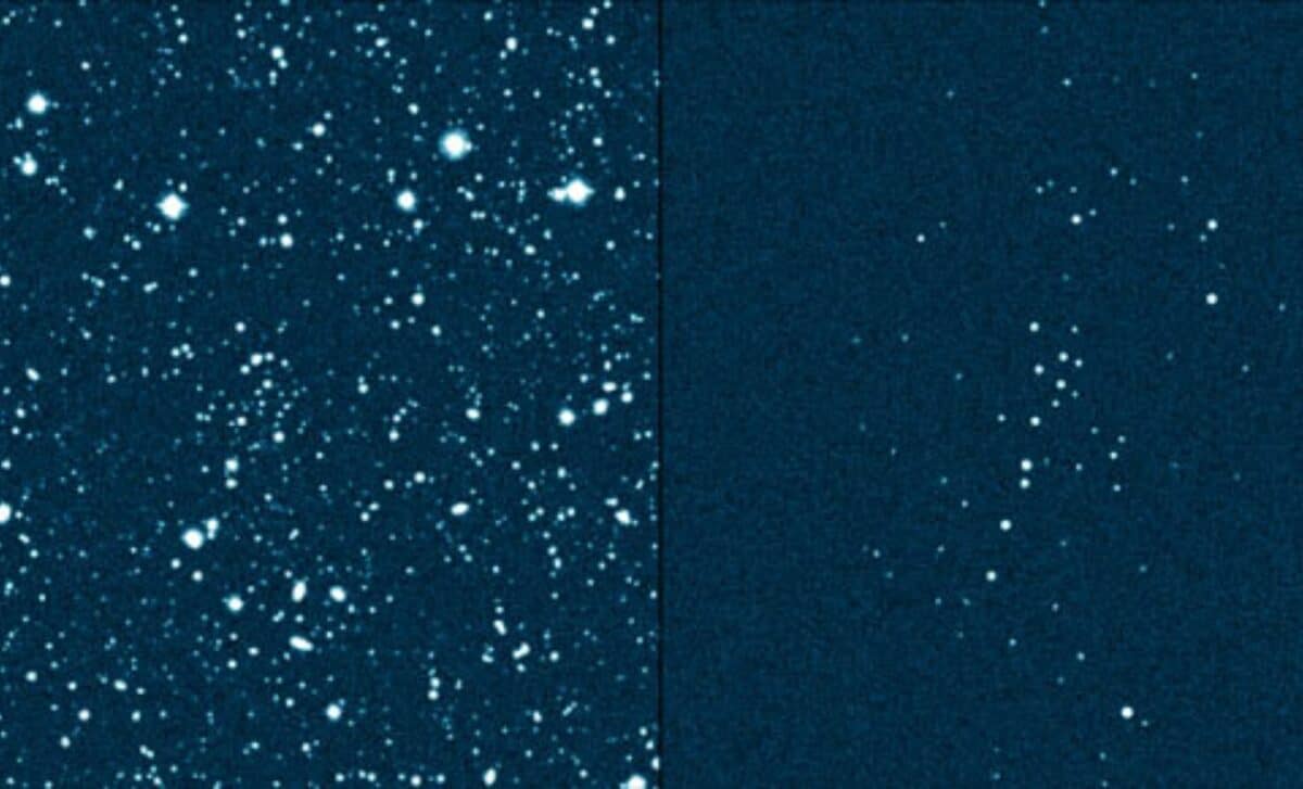 Side-by-side images show a star field; the left is densely populated with stars, while the right, highlighted by astronomers as the smallest galaxy ever found, displays significantly fewer stars.