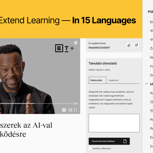 A man gestures while speaking in an instructional video titled "Technikai Módszerek az AI-val Való Együttműködésre" on a platform offering translations in 15 languages.