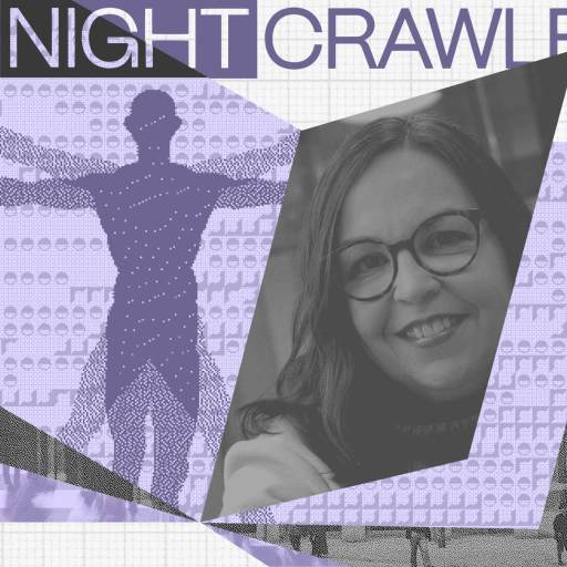 A grayscale collage features a smiling woman, a silhouetted figure with outstretched arms, and the title "The Nightcrawler" at the top. Geometric shapes and architectural sketches, inspired by Shannon Vallor's work, are layered in the background.