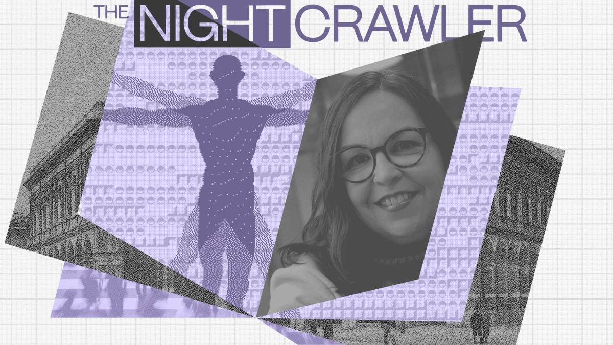 A grayscale collage features a smiling woman, a silhouetted figure with outstretched arms, and the title "The Nightcrawler" at the top. Geometric shapes and architectural sketches, inspired by Shannon Vallor's work, are layered in the background.