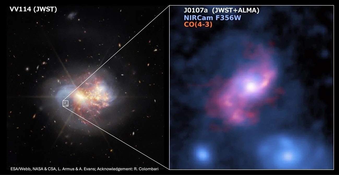 Side-by-side comparison of galaxy VV114, as seen by JWST at left, and a close-up of region J0107a at right, highlights how jwst galaxies grow up, with NIRCam and ALMA data showing CO(4–3) emission in pink.