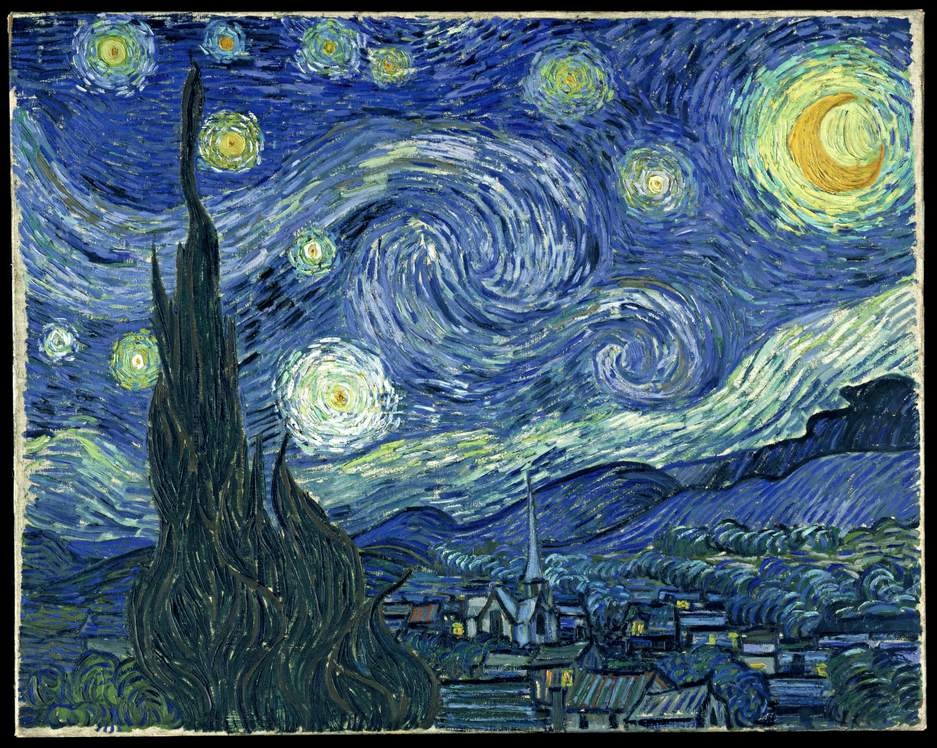 A night sky with swirling stars and a crescent moon over a small town with trees and hills, painted in a vibrant, expressive style.