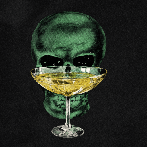 A green skull in the background appears to stare through a glass of champagne centered in the foreground, evoking Agatha Christie poisons, all set against a black backdrop.