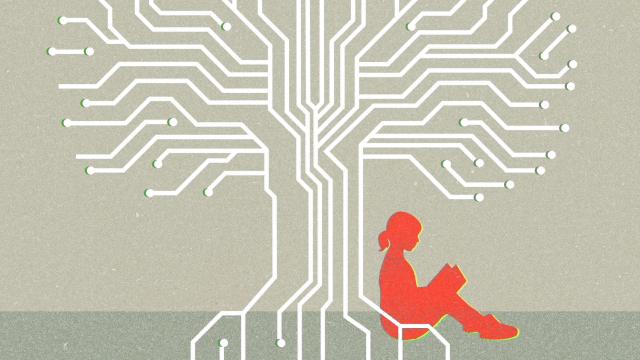 A silhouette of a person sitting and reading under a white tree made from electronic circuit lines on a gray background.
