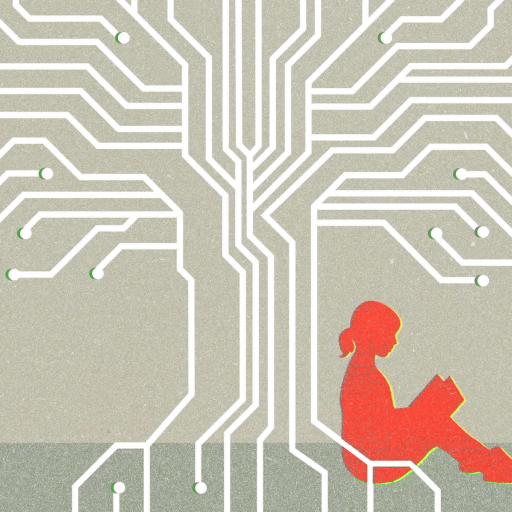 A silhouette of a person sitting and reading under a white tree made from electronic circuit lines on a gray background.