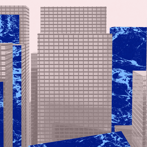 Abstract illustration of tall, grid-patterned skyscrapers interspersed with textured blue marble-like panels evokes a sense of innovation, reminiscent of a blue ocean strategy, set against a light background.