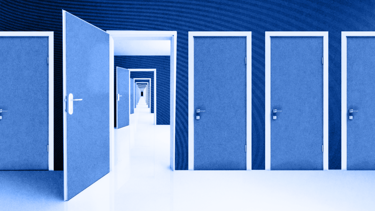 A hallway with multiple closed doors and one open door, creating a repeating pattern that extends into the distance. The image has a blue tone.
