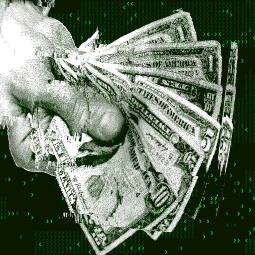 A hand holding several U.S. dollar bills, digitally altered with a green color scheme and glitch effects, represents the future of income in a rapidly changing digital economy.