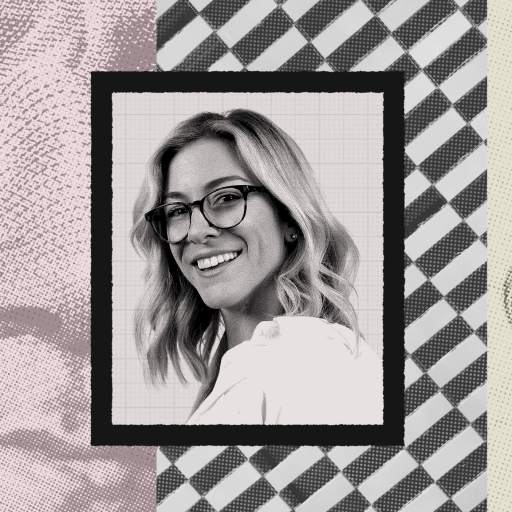 A black-and-white portrait of smiling Katie Gatti Tassin with glasses is centered on a collage featuring a close-up of a dollar bill, a checkered pattern, and a vintage microphone.