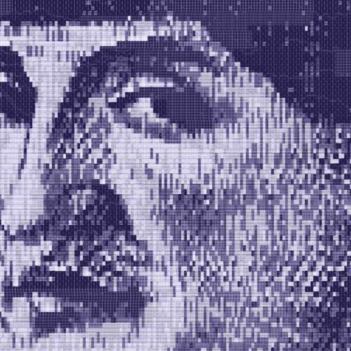 Pixelated grayscale close-up of an AI prince's face with strong contrast and visible mosaic-like squares.