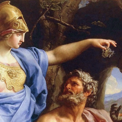 A woman in ancient armor holds out a small statue to a seated, bearded man, while another figure—symbolizing the evolution of wisdom—stands with their back turned near a tree and a cave.