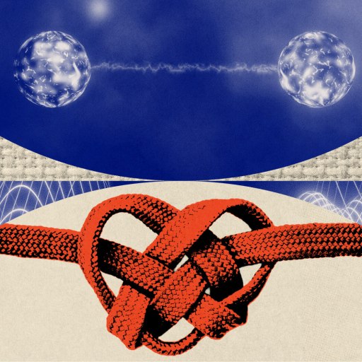 Two glowing spheres connected by a thin line suggest a quantum link above a red, knotted rope, with abstract wave patterns in the background.