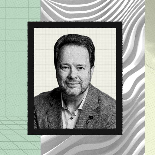 A grayscale portrait of a man in a suit is centered between a grid background and a photo of someone skiing on snow, symbolizing the future of collaboration. Abstract wavy patterns fill the upper center.