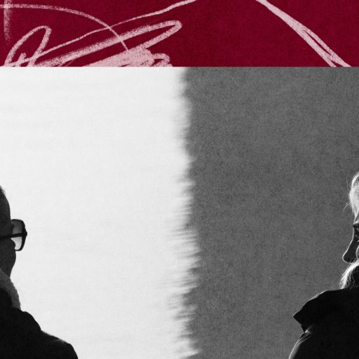 Two women with long hair and dark coats face each other against a divided background, evoking a Socratic dialogue. A red scribbled area looms above, while light and dark halves split the scene behind them.