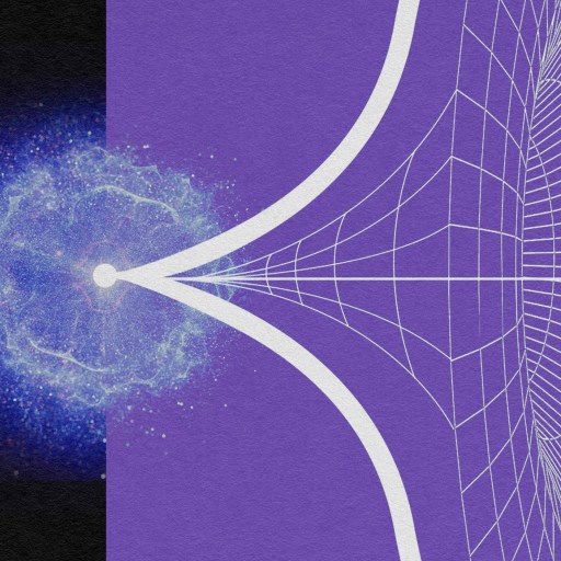 A digital illustration showing a glowing blue particle on the left, evoking cosmic inflation, transitioning into a geometric, grid-like structure on a purple background on the right.