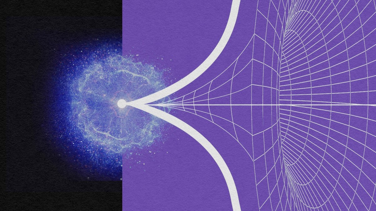 A digital illustration showing a glowing blue particle on the left, evoking cosmic inflation, transitioning into a geometric, grid-like structure on a purple background on the right.