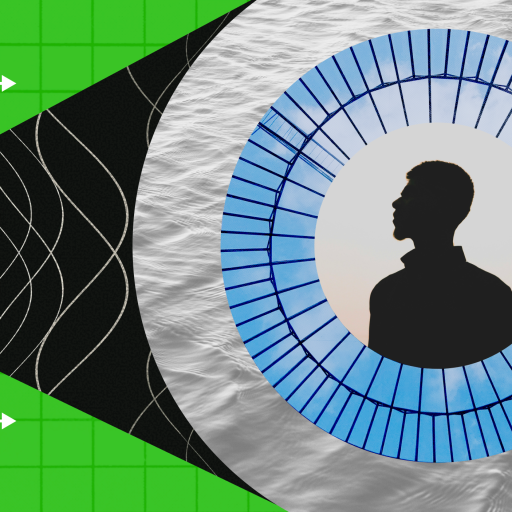 Illustration of a silhouetted person inside a circular pattern, with arrows and waves directing from a yellow sphere on a green grid background.