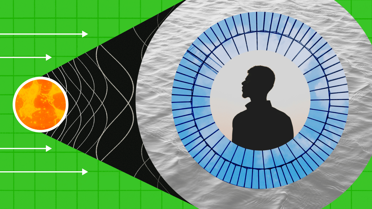 Illustration of a silhouetted person inside a circular pattern, with arrows and waves directing from a yellow sphere on a green grid background.