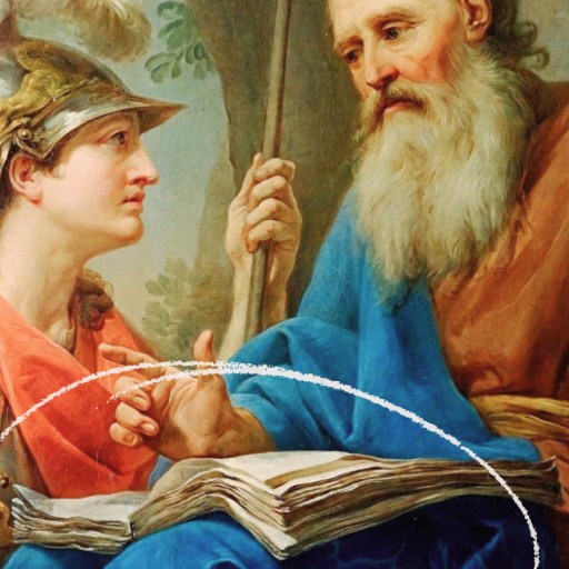 A young armored man consults an elderly bearded man holding a key and a staff, both seated and looking at an open book, as if exploring how stories teach philosophy.