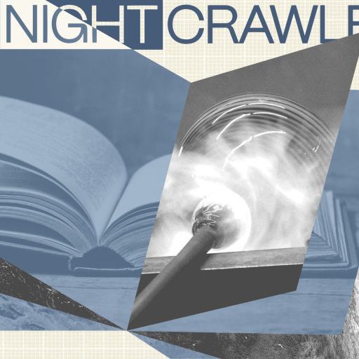 A collage featuring an open book, a light source, and images of the moon captures post-AI wisdom, with the title "The Night Crawler" at the top.