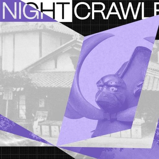 A digital collage with overlapping purple-tinted images, including a traditional building and a sculpture, explores panpsychism under the title "The Nightcrawler" on a black grid background.