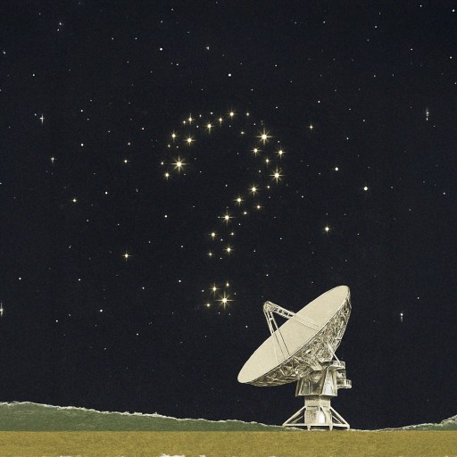 A radio telescope points at the night sky, where stars are arranged in the shape of a large question mark.