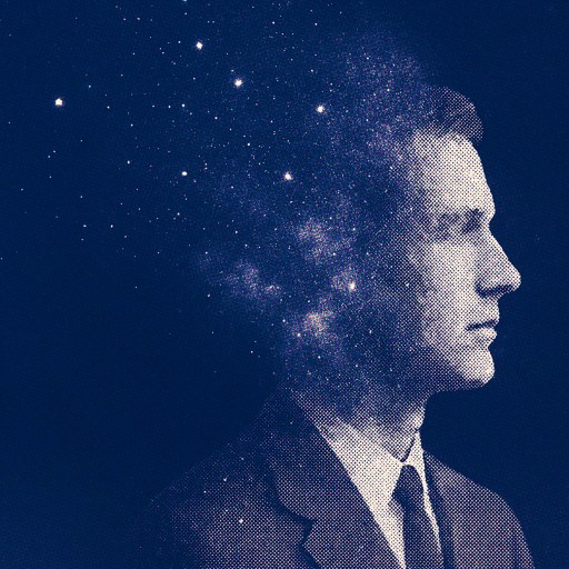 A man in a suit shown in profile, with the back of his head dissolving into a star-filled galaxy against a dark blue background.