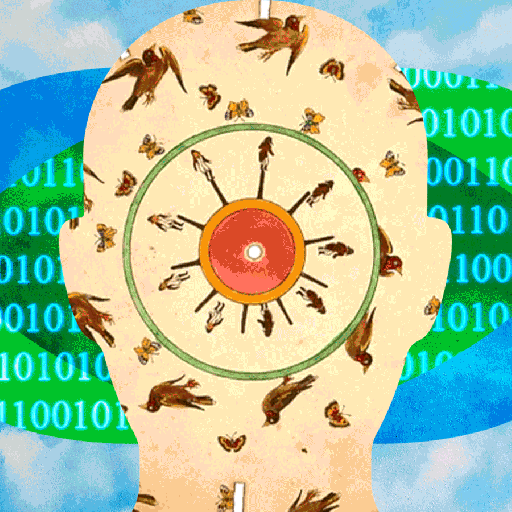 A human silhouette filled with birds and insects is overlaid with a circular target, binary code, and abstract shapes against a sky background with clouds.