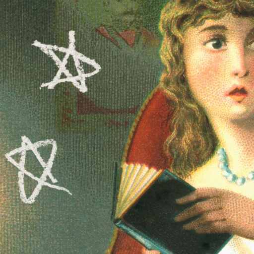 A woman with curly hair sits in a chair holding an open book, looking to the side, surrounded by strange books, drawn white pentagrams, and a lit candle nearby.