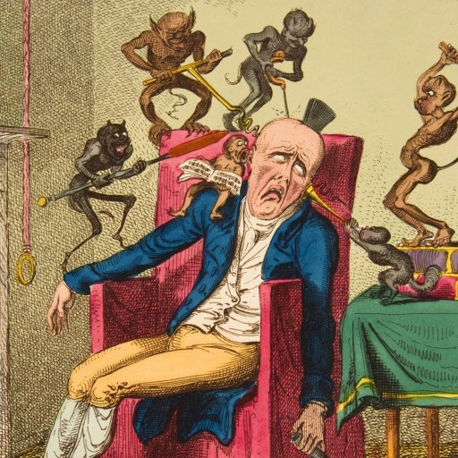 A man slumps in a chair, eyes closed, as small monkey-like creatures torment him with various objects in a room near a fireplace and table.